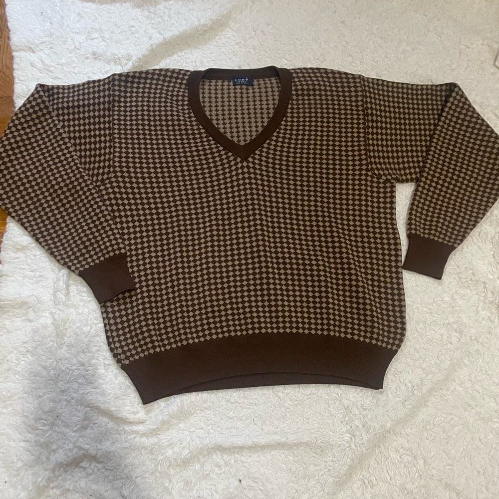 Como Spor Brown Houndstooth V-Neck Sweater made in Italy